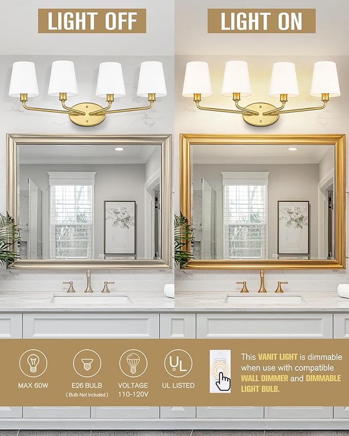 Emak 29 Inch Bathroom Lighting Fixtures Over Mirror, 4-Light Bathroom Vanity Light Wall Sconce with Flared White Fabric Shade, Brushed Gold Vanity Lights for Bathroom, Mirror, VL132-BGD-WF-4