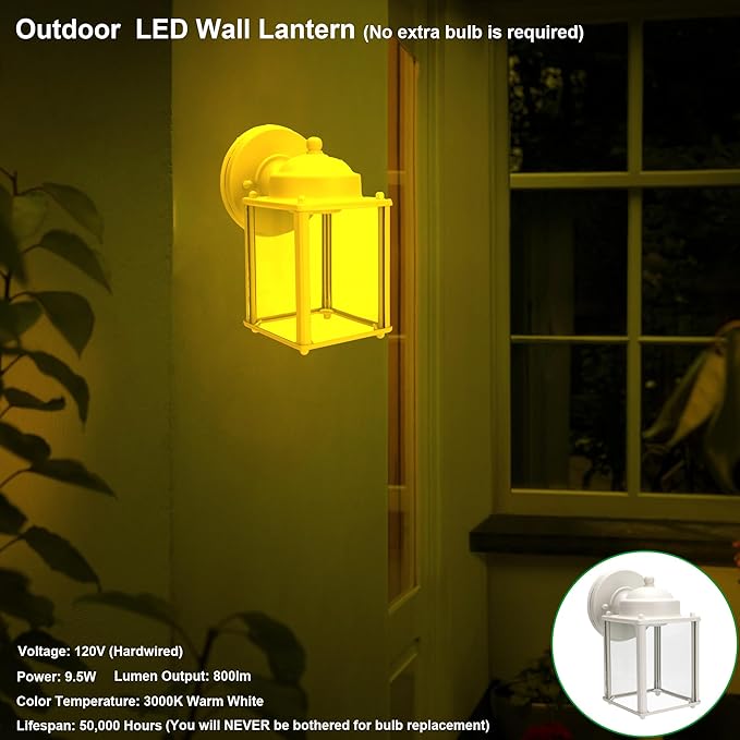 LIT-PaTH Outdoor LED Wall Lantern, Wall Sconce Porch Lighting Fixture, 3000K Warm White, 9.5W 800 Lumen, Aluminum Housing Plus Glass, White Finish-2 Pack