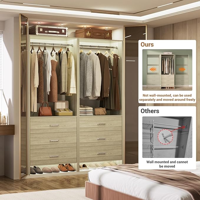 Aheaplus Closet System Closet Organizer, Wood Closet Organizer System, Walk-in Closet or Small Closets Wardrobe, Clothes Rack with Hanging Rods, 4FT Closets, Set of 2, White Oak