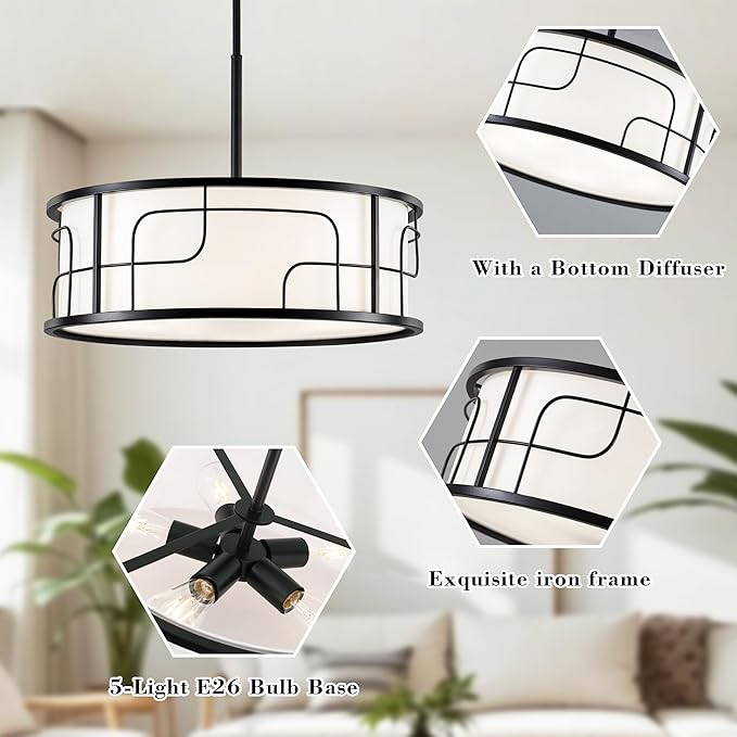 Drum Chandelier - Black and White Linear Design Adjustable Pendant Light for Dining Room, Kitchen Island, Living Room, Foyer (19.68", 5 Lights)