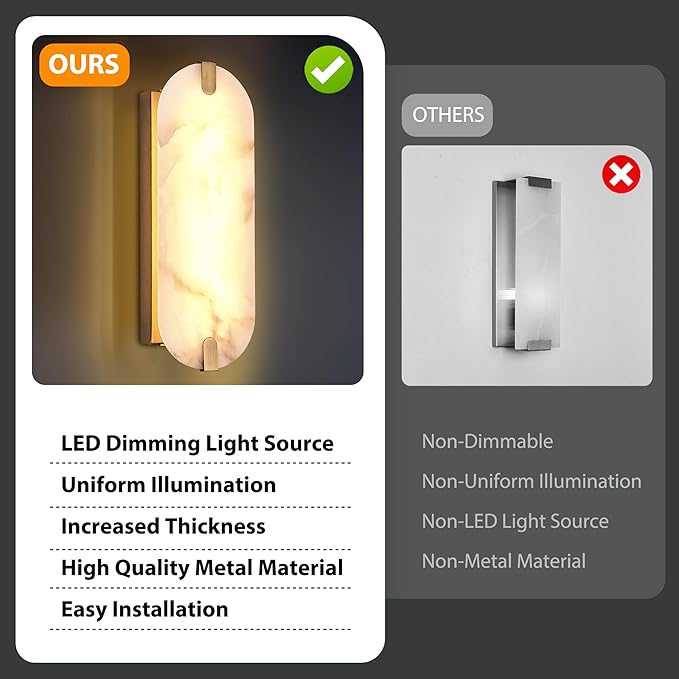 14.17in Alabaster Wall Sconces, Natural Marble Wall Light, Modern LED Alabaster Sconces for Living Room Indoor Wall Lamps for Dining Room Stairs Bedroom,Brushed Gold