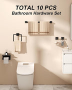 Matte Black Bathroom Hardware Set, 10-Piece Stainless Steel Bathroom Accessories with Double 24" Towel Bars, 2X Toilet Paper Holders with Shelves, 4X Towel Hooks, 2X Towel Rings