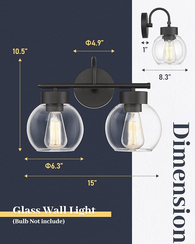 EAPUDUN 2-Light Matte Black Bathroom Light Fixtures Over Mirror, Vanity Lights for Bathroom with Clear Glass Shades, Industrial Wall sconces, WLA1434-BK