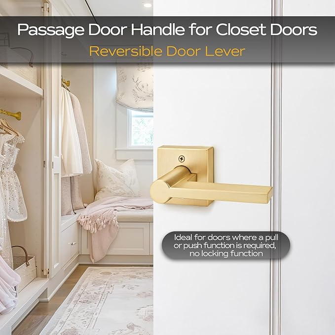 EHOMEWARE 6 Pcs Satin Brass Door Handles, Interior in Gold Finish, Passage Heavy Duty Contructions, Keyless Hallway Closet Door Knobs, Modern Door Levers