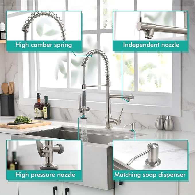 GIMILI Commercial Kitchen Faucet with Pull Down Sprayer, Double Headed Single Handle High Pressure Kitchen Faucet with Soap Dispenser Brushed Nickel