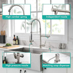 GIMILI Commercial Kitchen Faucet with Pull Down Sprayer, Double Headed Single Handle High Pressure Kitchen Faucet with Soap Dispenser Brushed Nickel