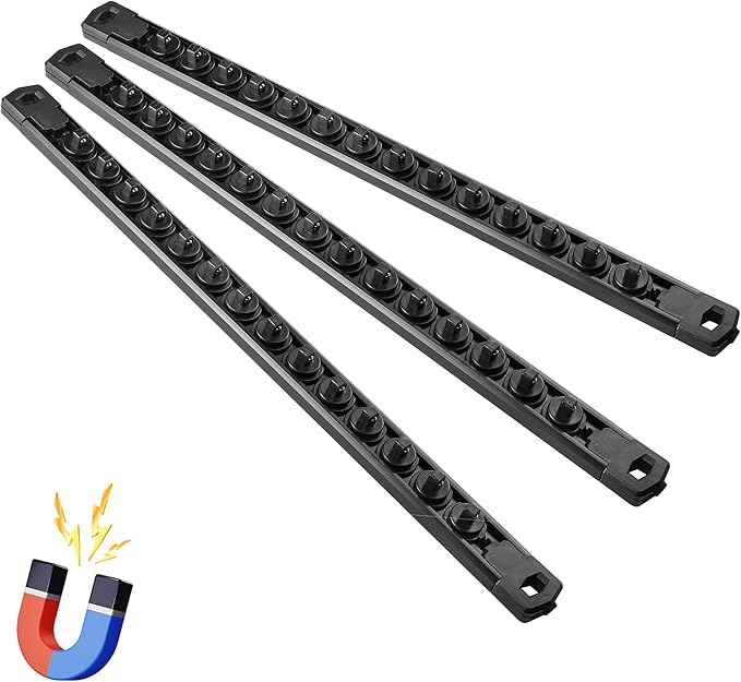 Magnetic Socket Organizer, 3-Piece Heavty Duty Aluminum Socket Holder, Socket Rail for Tool Box, Premium Quality 360° Swivel Socket Rack with 42 Clips for 1/4-Inch(Black)