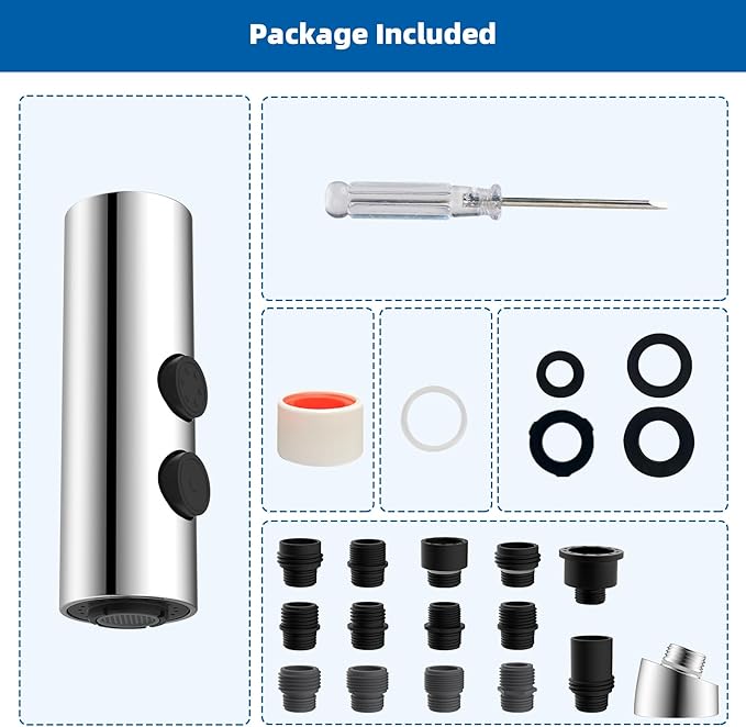 Hibbent Metal Pull Down Kitchen Faucet Head Replacement with 15 Adapters, Sink Spray Head, 2 Function Spray Nozzle Compatible with Moen, American Standard, Delta, Kohler Faucets, Chrome (Silver)