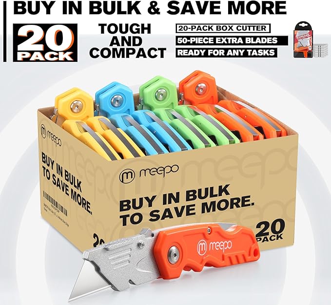 Box Cutter, 20-Pack Tough Folding Box Cutter Bulk for Heavy Duty Purpose, Razor Sharp Utility Knife Bulk, with Extra 50-Piece Blades, Can cut Drywall, Sheet Plastic, Linoleum, Boxes, Rope