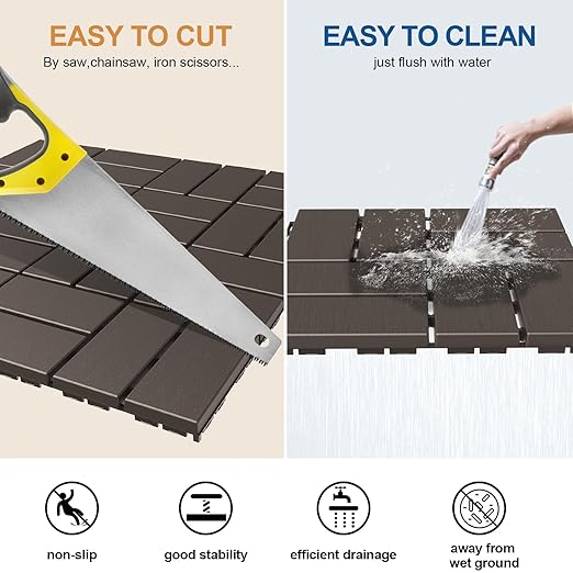 Goovilla Plastic Interlocking Deck Tiles, 9 Pack Outdoor Patio Flooring, 12"x12" Interlocking Decking Tile Outdoor All Weather Use, Waterproof Patio Pavers for Pool Balcony Backyard Porch, Dark Coffee