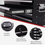 4 Drawers Metal Tool Box, 21" Portable Steel Tool Chest w/Key Lock & Latch Closure, Multi-Function Top Storage Tray Toolbox w/Powder Coating & Ball Bearing Slides for Garage & Workshop(Black)