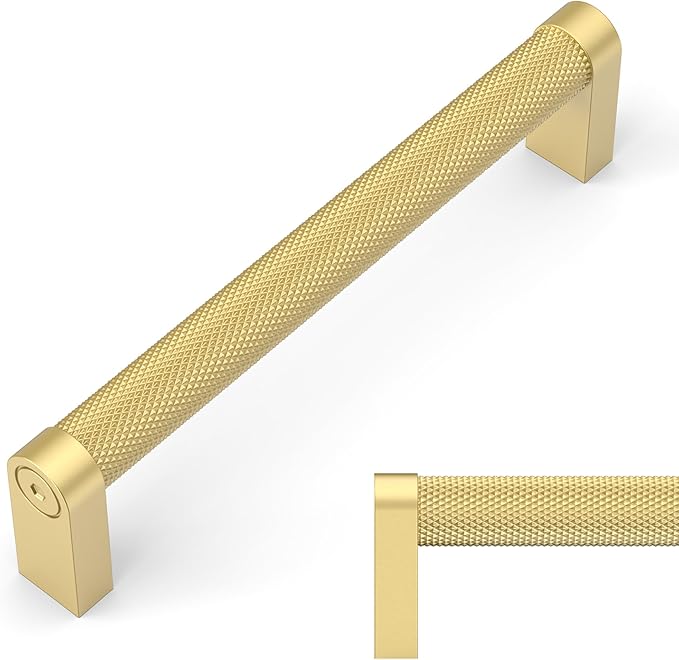 Amerdeco 10 Pack Brushed Gold Knurled Cabinet Pulls 5 Inch Hole Centers Kitchen Cabinet Handles Hardware Kitchen Handles for Cabinets Handles ZH0064