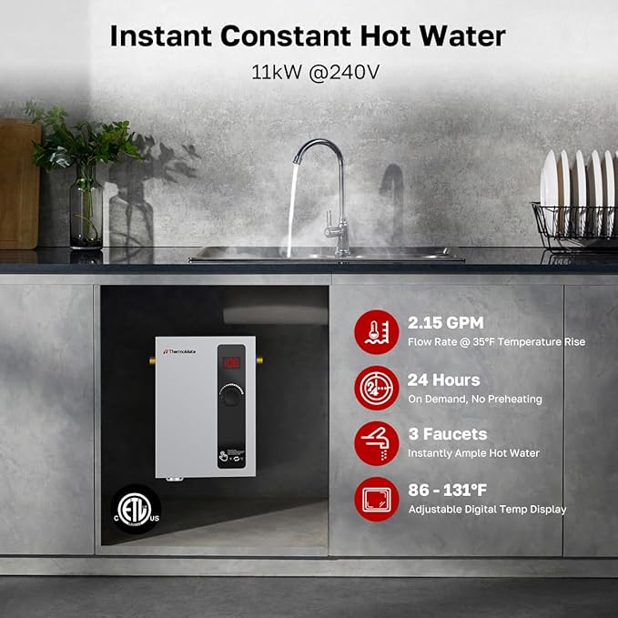 ThermoMate Tankless Water Heater Electric, 11kW 240 Volt On Demand Instant Hot Water Heater for Point of Use, Self-Modulating LED Display Knob Control, ETL Certified, 2.15GPM at 35°F Rise