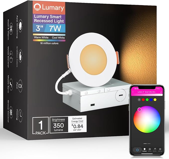 Lumary 3 Inch Smart Recessed Lighting WiFi Bluetooth Smart LED Recessed Lights 7W 350LM LED Wafer Downlight with Junction Box Compatible with Alexa/Google Assistant(1 Pack)