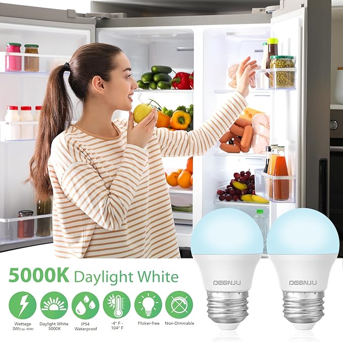 LED Refrigerator Light Bulb, 40W Equivalent, 120V, Fridge Light Bulb 5000K Daylight White, A15 Appliance Bulb 5.5W for Freezer, 650LM, E26 Standard Base, 120V, Non-Dimmable, 6 Pack