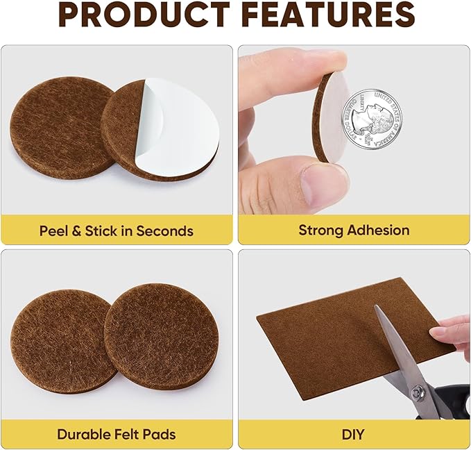 BALEINE 300PCS Felt Furniture Pads, Multi-Size Felt Pads for Chair Legs, Tables, Beds, Scratch-Reducing Floor Protectors for Hardwood Floors, Tile, Vinyl, and Laminate (300PCS, Brown)