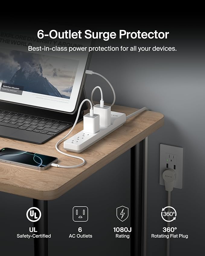 Belkin 6-Outlet Surge Protector Power Strip, 6ft Cord, 360° Rotating Plug - 1080 Joules Protection