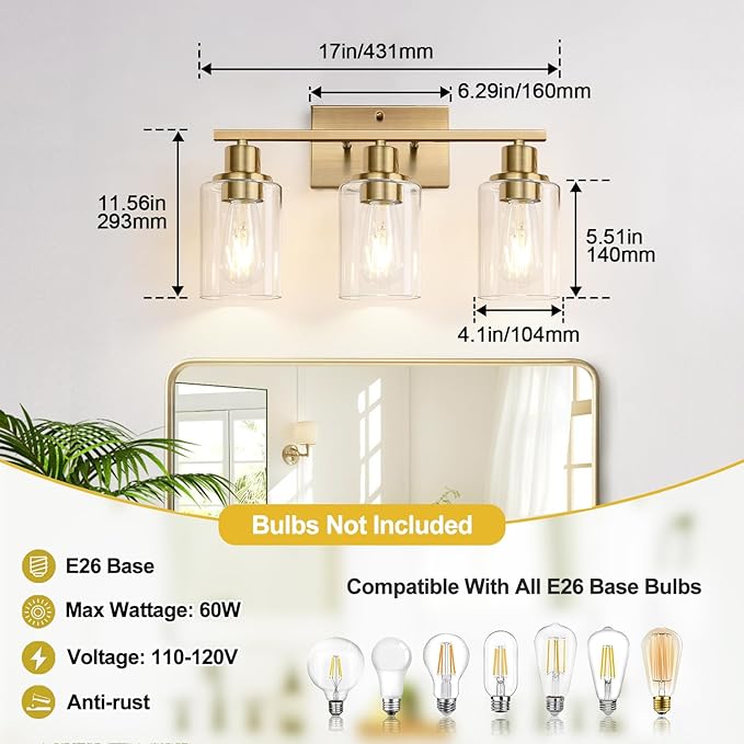 3 Light Bathroom Light Fixtures, Brass Vanity Lights for Bathroom with Clear Glass Shades, Modern Bathroom Wall Sconces for Mirror Living Room Cabinet