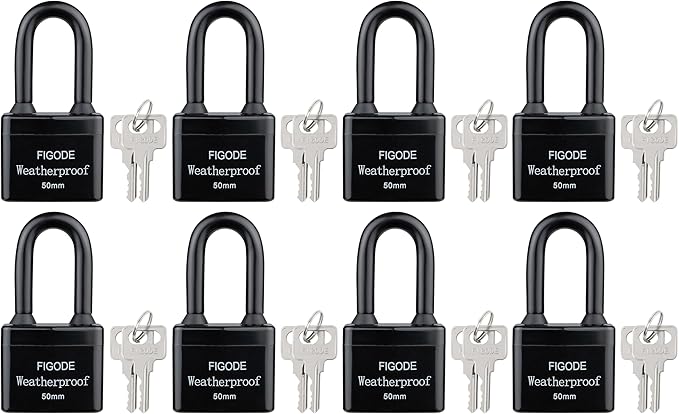 FIGODE® Outdoor Waterproof Padlocks, Covered Heavy Duty Laminated Steel Locks, Large Sturdy Locks, 2.2 in. Wide, 8 Locks Same Key, Long Padlocks