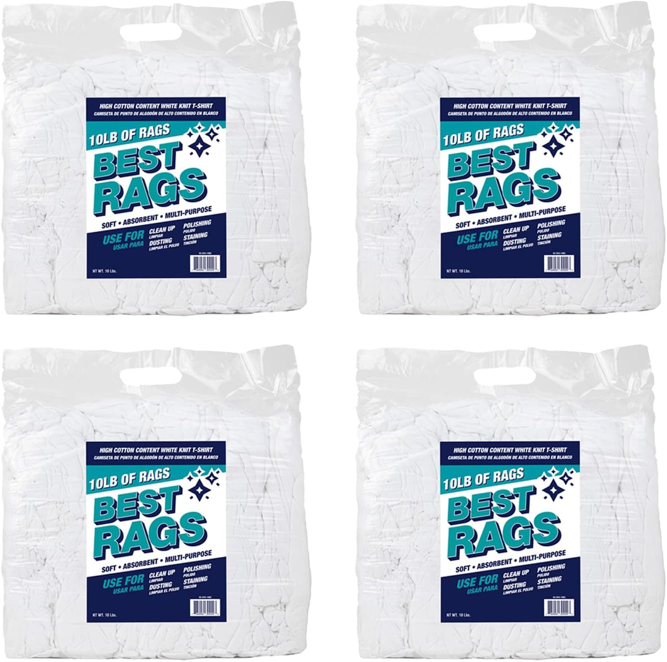 Arkwright W43 Cotton Tshirt Rags - 10 lb Bag - (Case of 4) Soft Lint Free Cloths for Cleaning, Streak & Scratch-Free, Professional Grade Bulk Wiping Towels for Polishing, Painting, and Staining, White