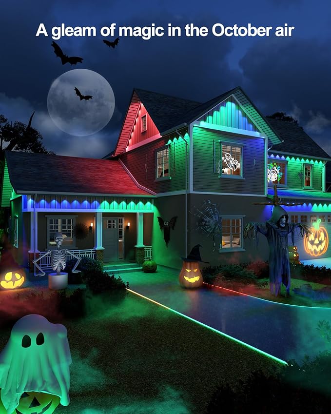 ASAHOM AI Permanent Outdoor Lights S107C, 150FT with 108 RGBCW LED Lights and Dual Output, 30,000 Lighting Effect Combination, IP67 Waterproof for House Halloween Christmas and Daily Decoration, Black