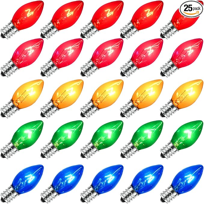 25 Pack Multi-color C7 Replacement Christmas Light Bulbs Vintage Colorful Light Bulbs, for Xmas C7 String Lights Replacement Bulbs & Christmas Tree Home Party Yard Color Bulb Decor, E12 Base, 5W