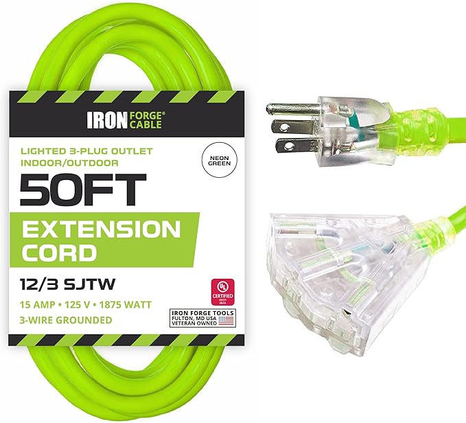 Iron Forge Cable 50 Foot Lighted Outdoor Extension Cord with 3 Outlets - 12/3 SJTW Heavy Duty Light Green Extension Cable 3 Prong - Multiple Outlets