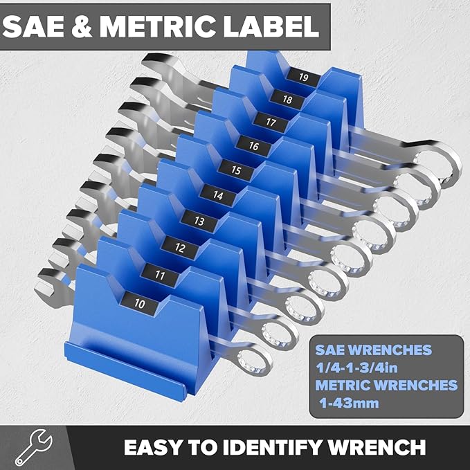 40PCS Modular Wrench Organizer Wrench Holder - Wrench Tool Organizers for Tool Drawer Storage, Wrench Storage Set with Metric & SAE Label, Wrench Rack Tool Gift for Professional Mechanics Men, Blue