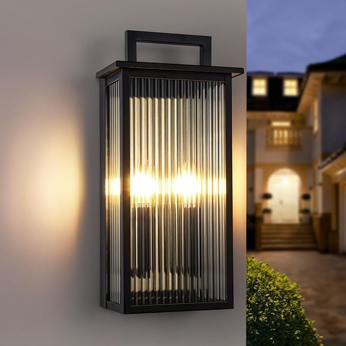 17.92INCH Large Outdoor Wall Lights, Dusk to Dawn Outdoor Lighting with Elegant Striped Glass, Waterproof Exterior Lighting Fixtures Modern Outside Sconce for Porch, Patio, Doorway