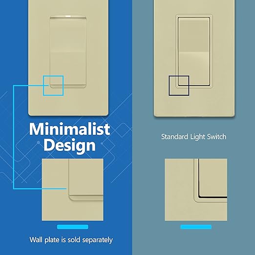 LIDER Minimalist Design Matte Finish Lighted Decorator Switch, Frameless Paddle Light Switch with Locator Light, Grounding Screw, 3-Way or Single Pole, 15A 120V, UL Listed, LS15-3W-I, Ivory
