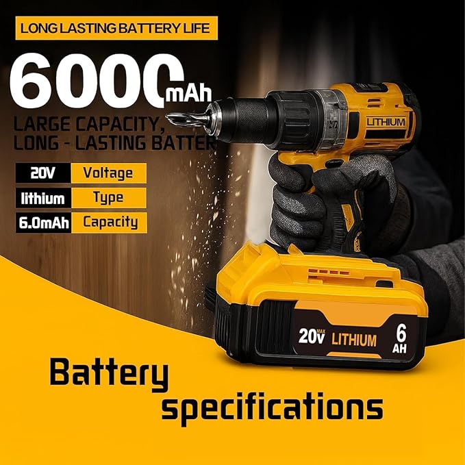 2-Pack 6.0Ah High Capacity Replacement for Dewalt 20V Max Tools, Compatible with Dewalt 20 Volt Lithium Battery DCB200 DCB201 DCB203 DCB204 DCB206 DCB207 DCB180 DCB181 Cordless Power Tools