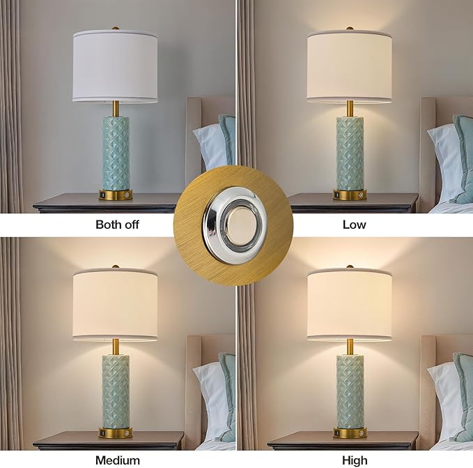Set of 2 Table Lamp for Living Room Bedroom Farmhouse,26'' Touch Control Bedroom Spa Blue Ceramic Lamps 3-Way Dimmable Bedside Lamps with USB A+C Ports Linen Shade for Home
