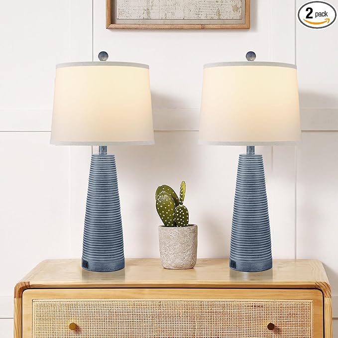 Terpsichore Nightstand Lamp Bedside Lamps Set of 2 Vintage Rustic Farmhouse Table Lamp 3 Way Dimmable Horizontal Stripe Light,Suitable for Living Room Bedroom,with Linen Shade LED Bulb,USB A+C Port