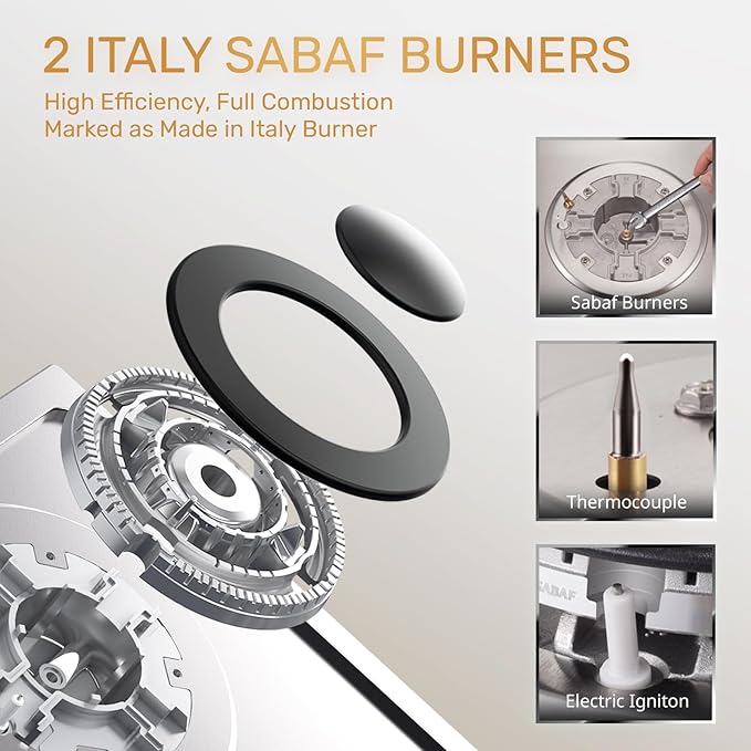 12 Inch Gas Cooktop, Propane Stove Top with 2 ITALY SABAF Sealed Burners 18,000BTU, NG/LPG Convertible Built-in Stainless Steel Stovetop with Thermocouple Protection for Rvs Kitchen Outdoor