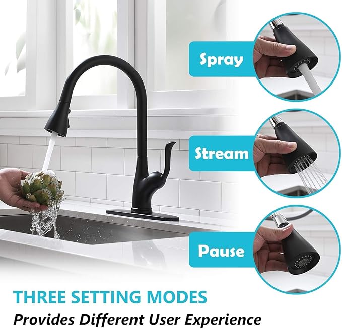 APPASO Matte Black Kitchen Faucet with Pull Down Sprayer and Soap Dispenser, Single Handle Commercial High Arc One Hole Pull Out Spray Head Kitchen Sink Faucets