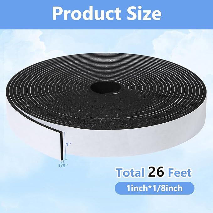 Weather Stripping Door Seal Strip- 1 Inch X 1/8 Inch X 26Feet, Strong Adhesive, Lightproof, Soundproof, Weatherproof Foam Tape Insulation for Sliding Door, Front Door Frame, Windows- Black
