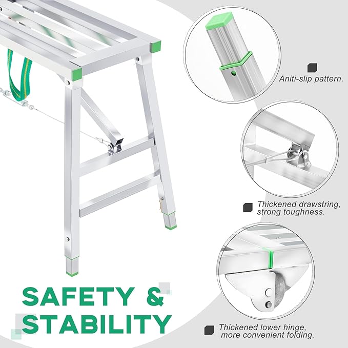 Zonon 47" L x 11.8" W x 24" to 35" H Folding Work Platform Portable Scaffolding Step Stool 4 Height Adjustment 400 Lbs Load Capacity Non Slip Work Platform Ladder for Home Drywall Cleaning Painting