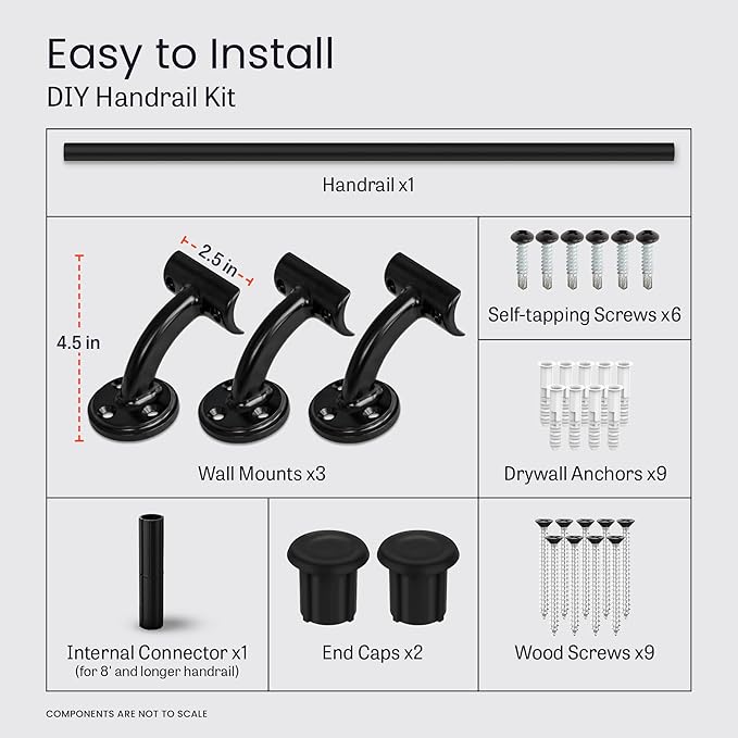 Meranti Aluminum Handrail for Indoor or Outdoor Steps and Stairs – Hand Rails for Elderly – DIY Complete Stair Railing Kit (AHR, Black, 8' Length)