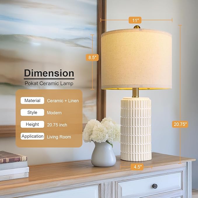 PoKat 20.75" Small Modern Ceramic Table Lamps Set of 2 for Bedroom, White Bedside Lamps for Night Stands, Farmhouse Desk Decor Nightstand Table Lamps for Living Room End Table Beige