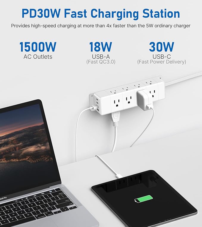 30W USB C Power Strip Surge Protector,4 Side 12 Outlets Desk Power Strip with Ultra Thin Flat Plug,PD Fast Charing,2 USB-C,2 USB-A(USB Total 40W),10ft Flat Extension Cord with Multiple Outlets,1200J