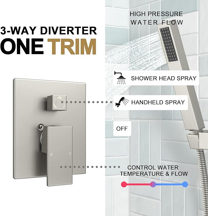 Lava Odoro Modern 2-Setting Square Shower System with Rain Shower Head and Handheld Spray Brushed Nickel, Rainfall Shower Faucet Set Brushed Nickel, Shower Valve and Trim Kit, SF103-BN