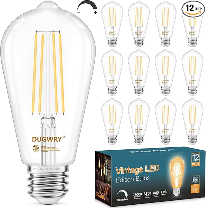 12-Pack Vintage 8W ST58 LED Edison Bulbs 60W Equivalent, Dimmable 2700K Warm White LED Filament Bulbs, E26 Medium Base, 800LM, CRI 85, Antique Glass Style, Great for Home, Bedroom, Office