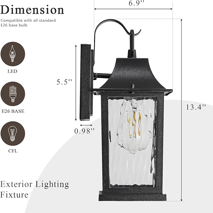 2-Pack Porch Light Fixture，Matte Black Outdoor Wall Sconce Light - 13" Rustproof Aluminum Exterior Lighting with Water Pattern Glass for Patio Yard House Hallway Doorway Garage