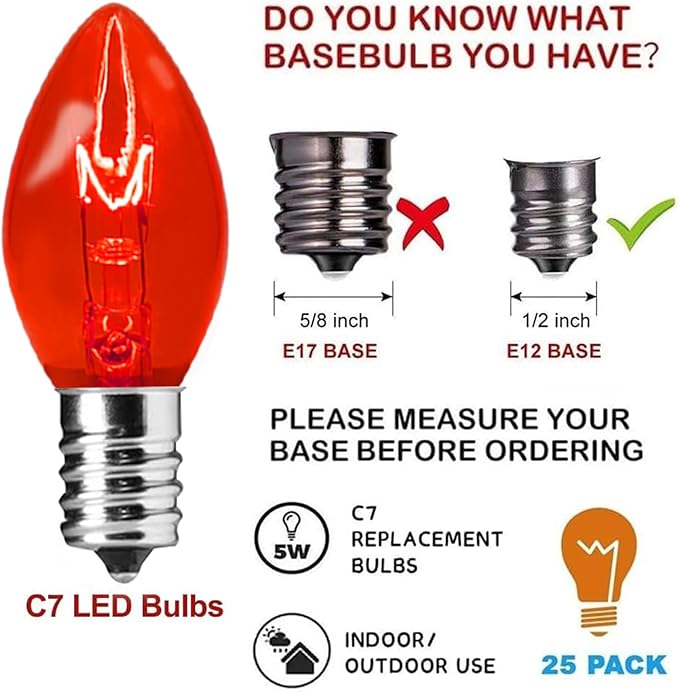 25 Pack C7 Christmas Replacement Light Bulbs, C7 Clear Multi-Color Christmas Lights for Christmas Outdoor Patio Indoor String Lights, C7/E12 Candelabra Base, 5 Watt