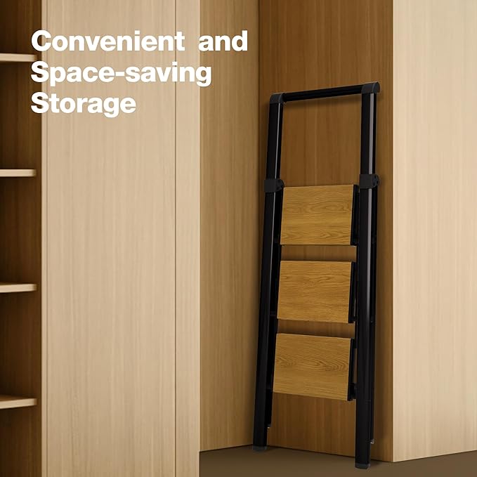 HillhutApex 3 Step Foldable Aluminum Step Ladder with Handgrip, Anti-Slip Wide Pedal, 330 lbs Capacity, Lightweight & Portable for Home, Kitchen, Office (Black & Woodgrain)