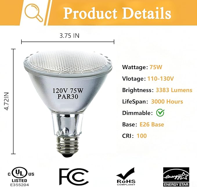 Par30 Halogen Flood Light Bulbs120V 75W, Halogen Long Neck Bulb, 2700K Warm White Dimmable High Brightness, Great for Accent Lighting, Tracking, Recessed Bulb