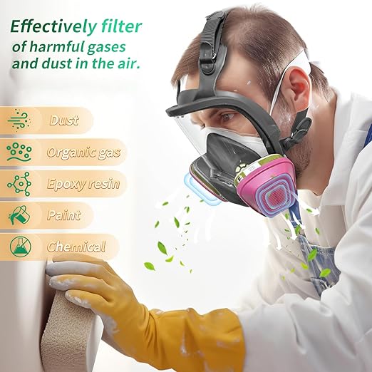 Full Face Respirator Mask with Filter, Cover Organic Vapor Anti-fog mask, Reusable Gas Mask for Spray Paint Chemical Epoxy Resin Dust Mask for Construction, Woodworking, Welding, Polishing, Sanding