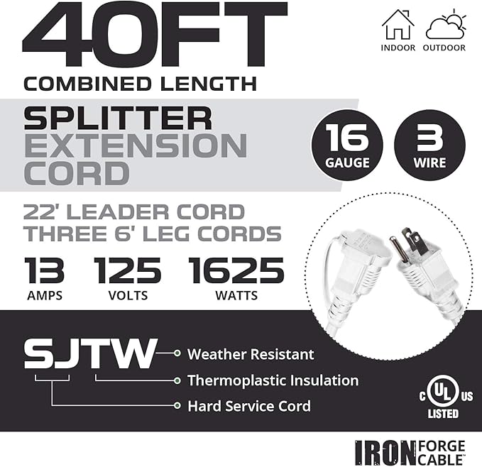 Iron Forge Cable White 1 to 3 Outdoor Extension Cord Splitter 28 Ft (40 Ft Total Length) - 16 Gauge Power Cord, 3 Prong, 3 Outlets 16/3 SJTW