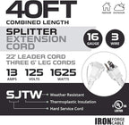 Iron Forge Cable White 1 to 3 Outdoor Extension Cord Splitter 28 Ft (40 Ft Total Length) - 16 Gauge Power Cord, 3 Prong, 3 Outlets 16/3 SJTW