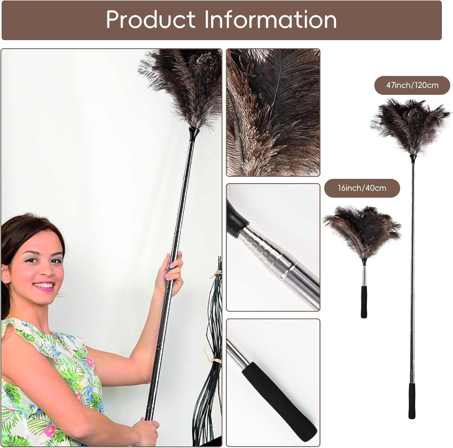 THARAHT Extendable Ostrich Feather Duster up to 16-47 inches Fluffy Feathers Long Handle Reusable for Cleaning Ceiling Fan Pendant lamp High Ceiling Blinds Furniture Feather Duster